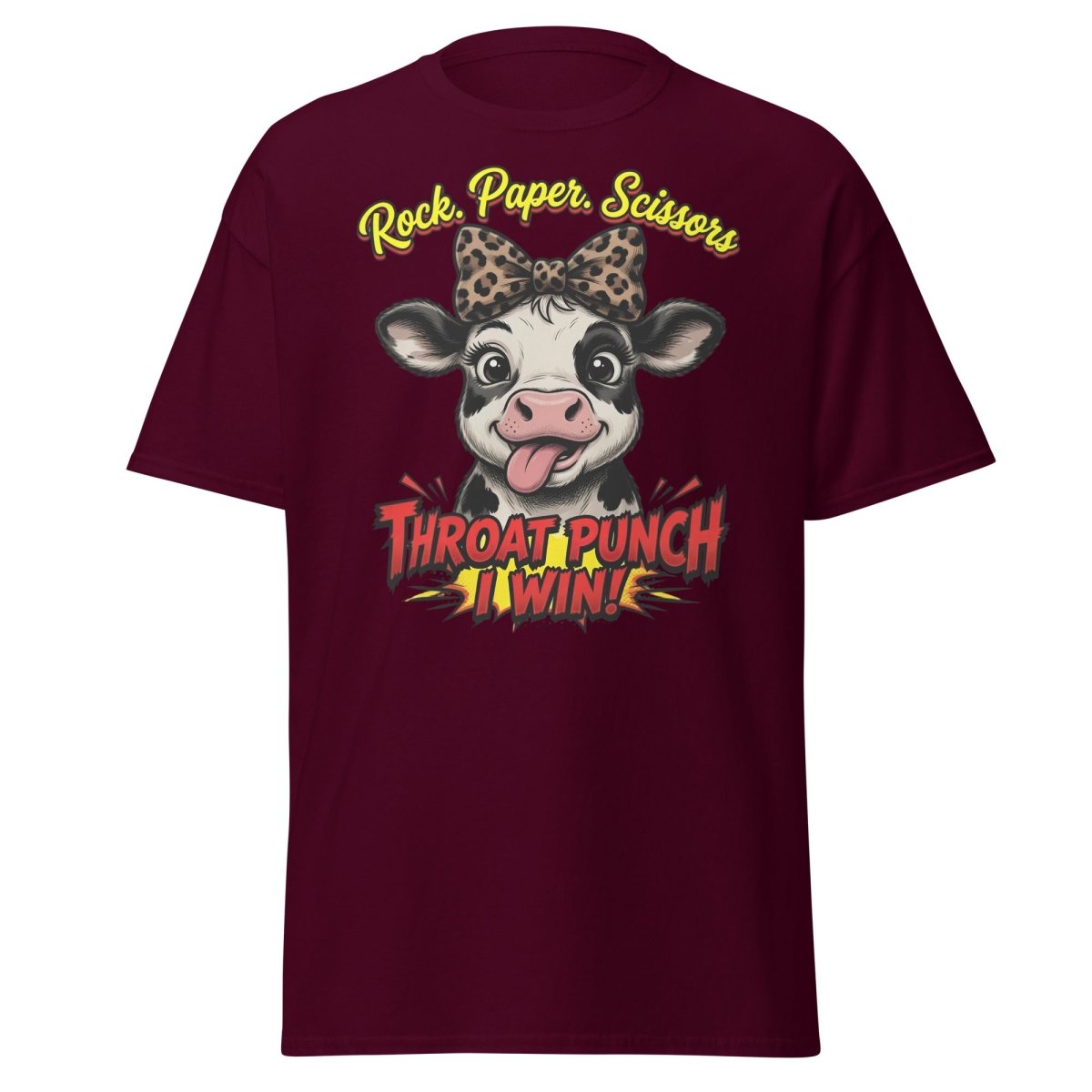 Funny Cow Throat Punch T-Shirt | Rock Paper Scissors Tee - Maroon - TeeRipple