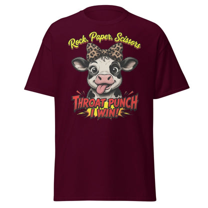 Funny Cow Throat Punch T-Shirt | Rock Paper Scissors Tee - Maroon - TeeRipple