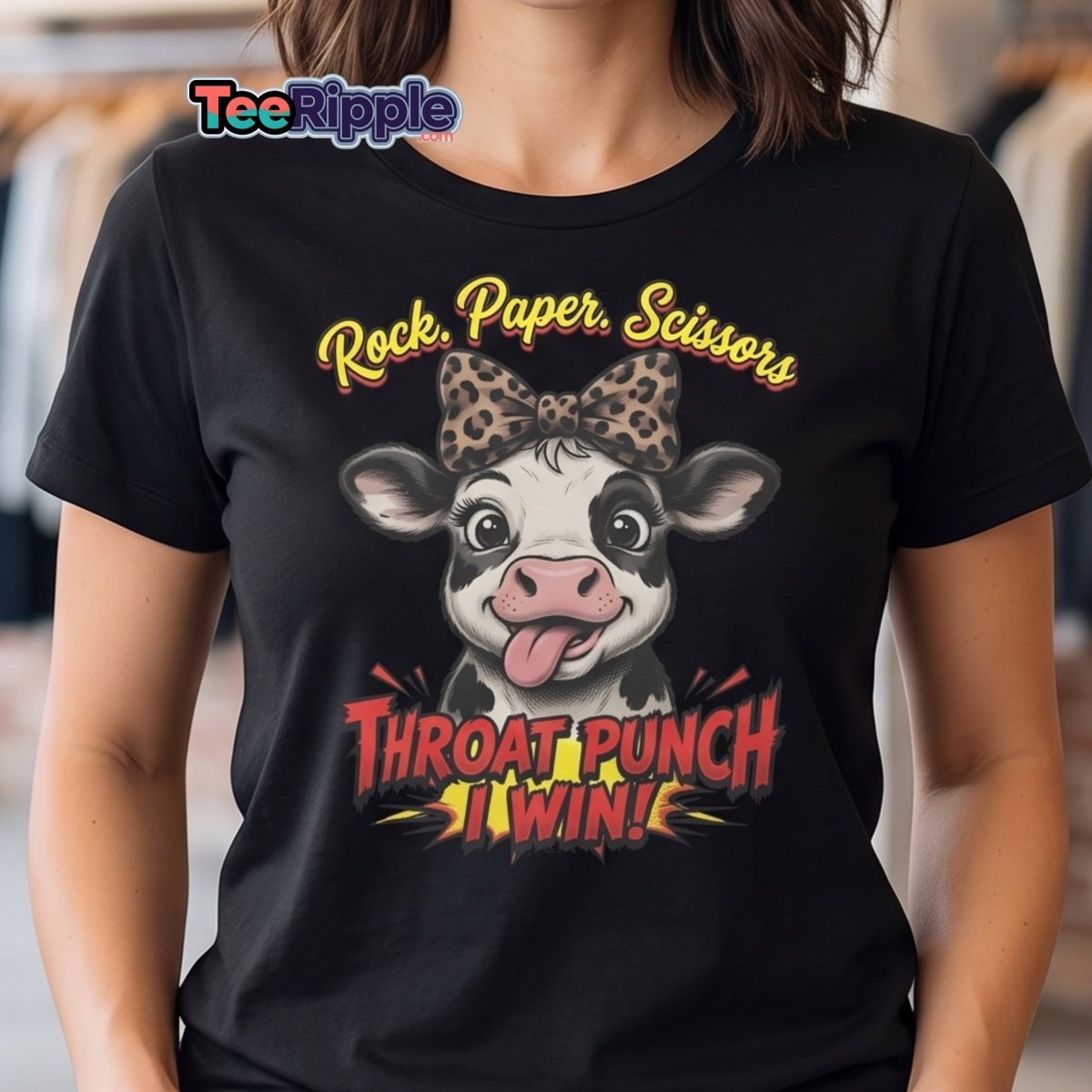 Funny Cow Throat Punch T-Shirt | Rock Paper Scissors Tee - Maroon - TeeRipple