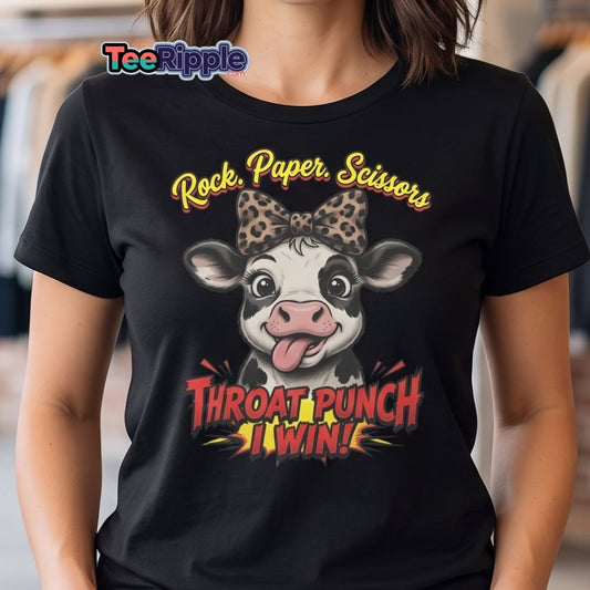 Funny Cow Throat Punch T-Shirt | Rock Paper Scissors Tee - Maroon - TeeRipple