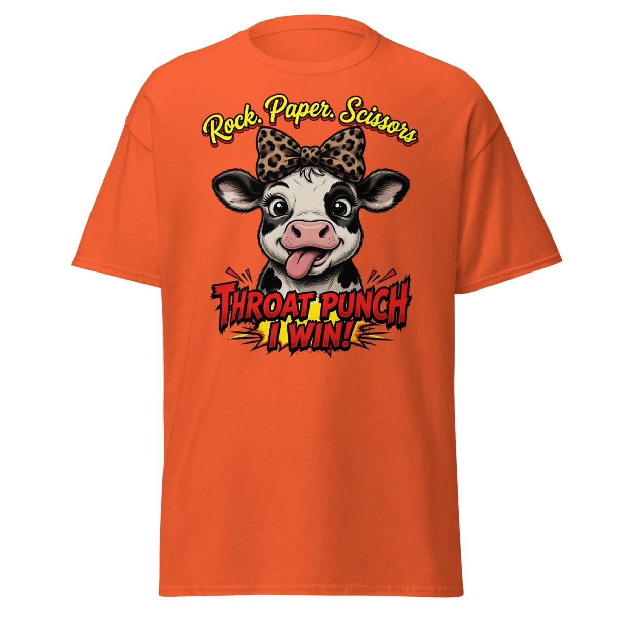 Funny Cow Throat Punch T-Shirt | Rock Paper Scissors Tee - Orange - TeeRipple