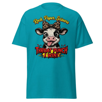 Funny Cow Throat Punch T-Shirt | Rock Paper Scissors Tee - Tropical Blue - TeeRipple