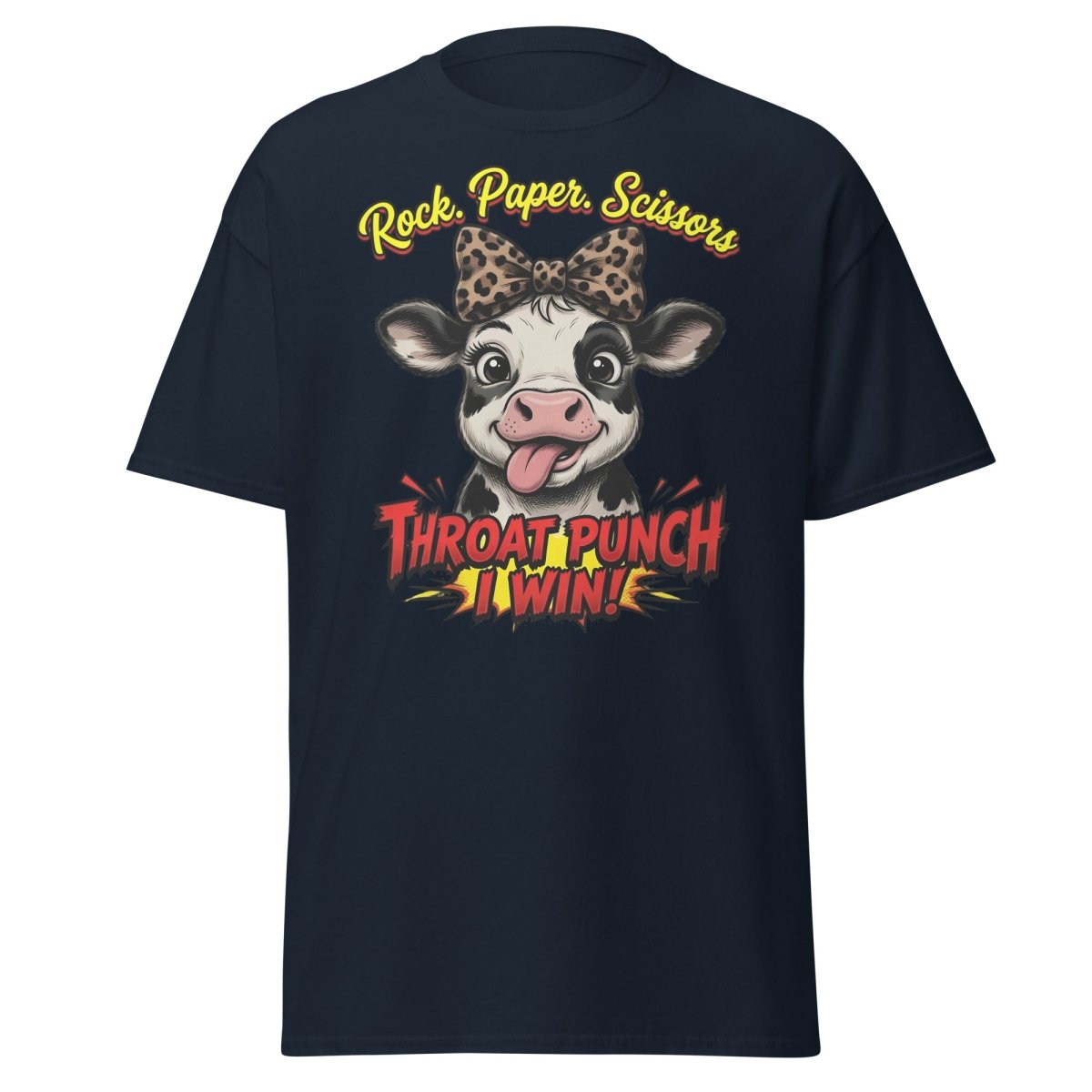 Funny Cow Throat Punch T-Shirt | Rock Paper Scissors Tee - Navy - TeeRipple