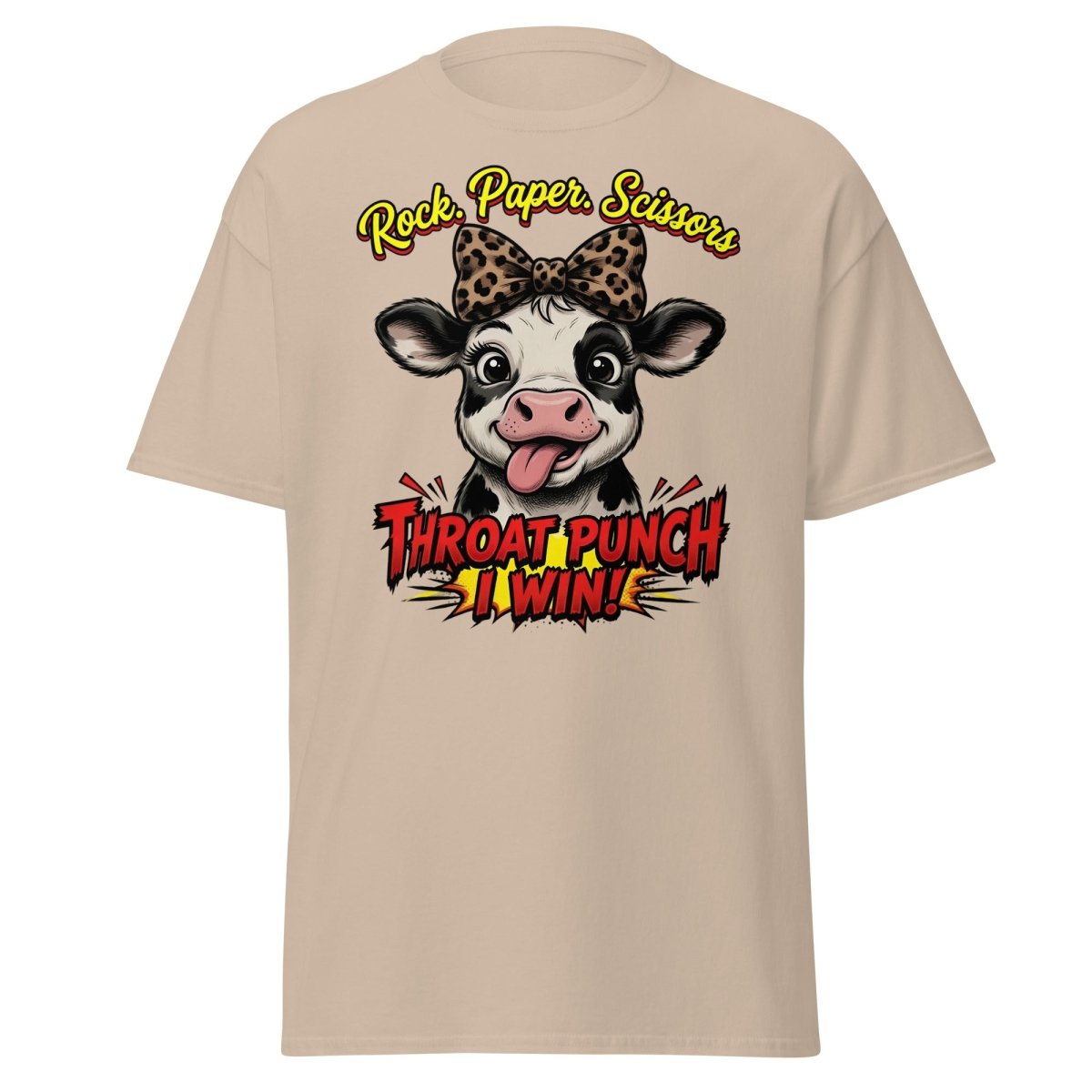 Funny Cow Throat Punch T-Shirt | Rock Paper Scissors Tee - Sand - TeeRipple