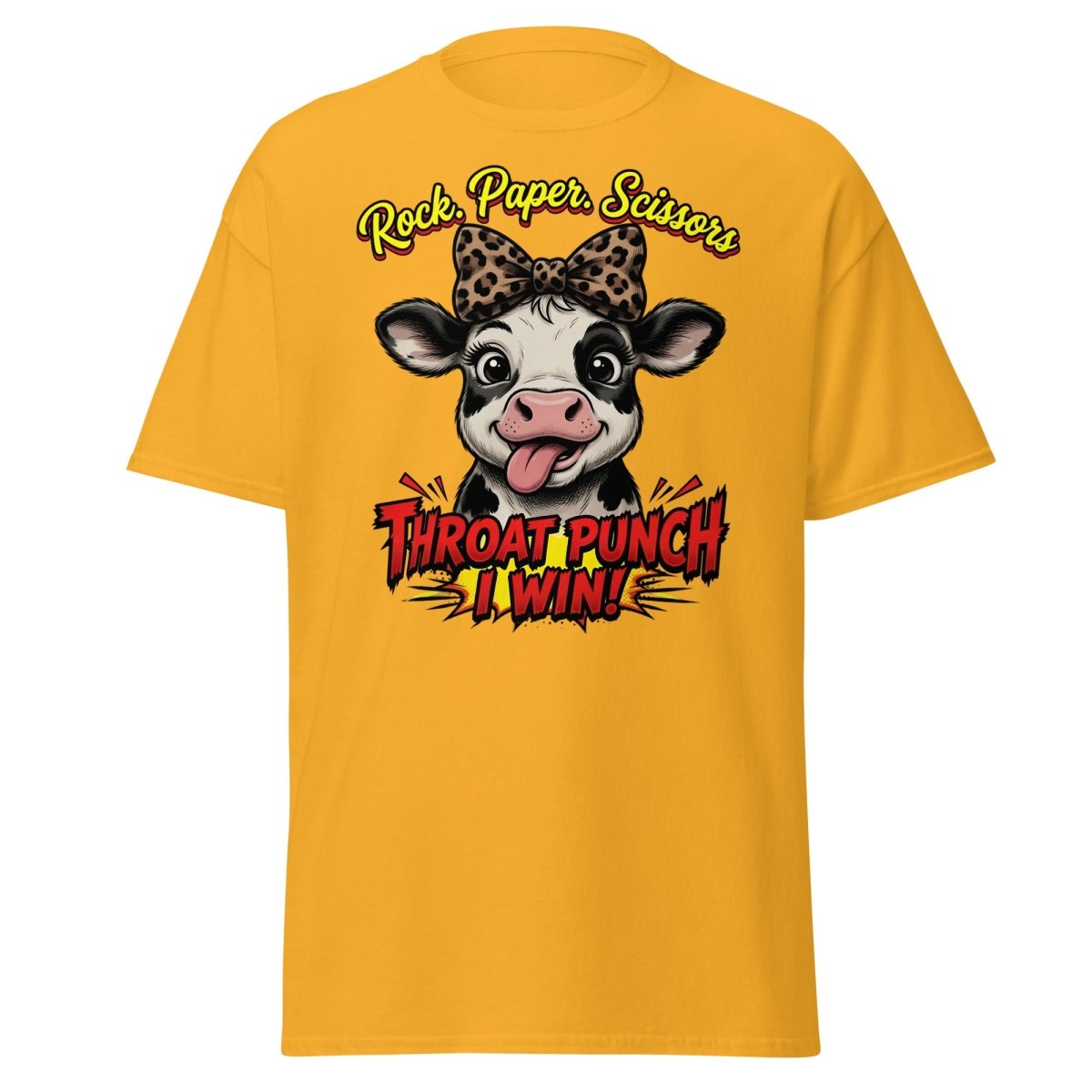Funny Cow Throat Punch T-Shirt | Rock Paper Scissors Tee - Gold - TeeRipple
