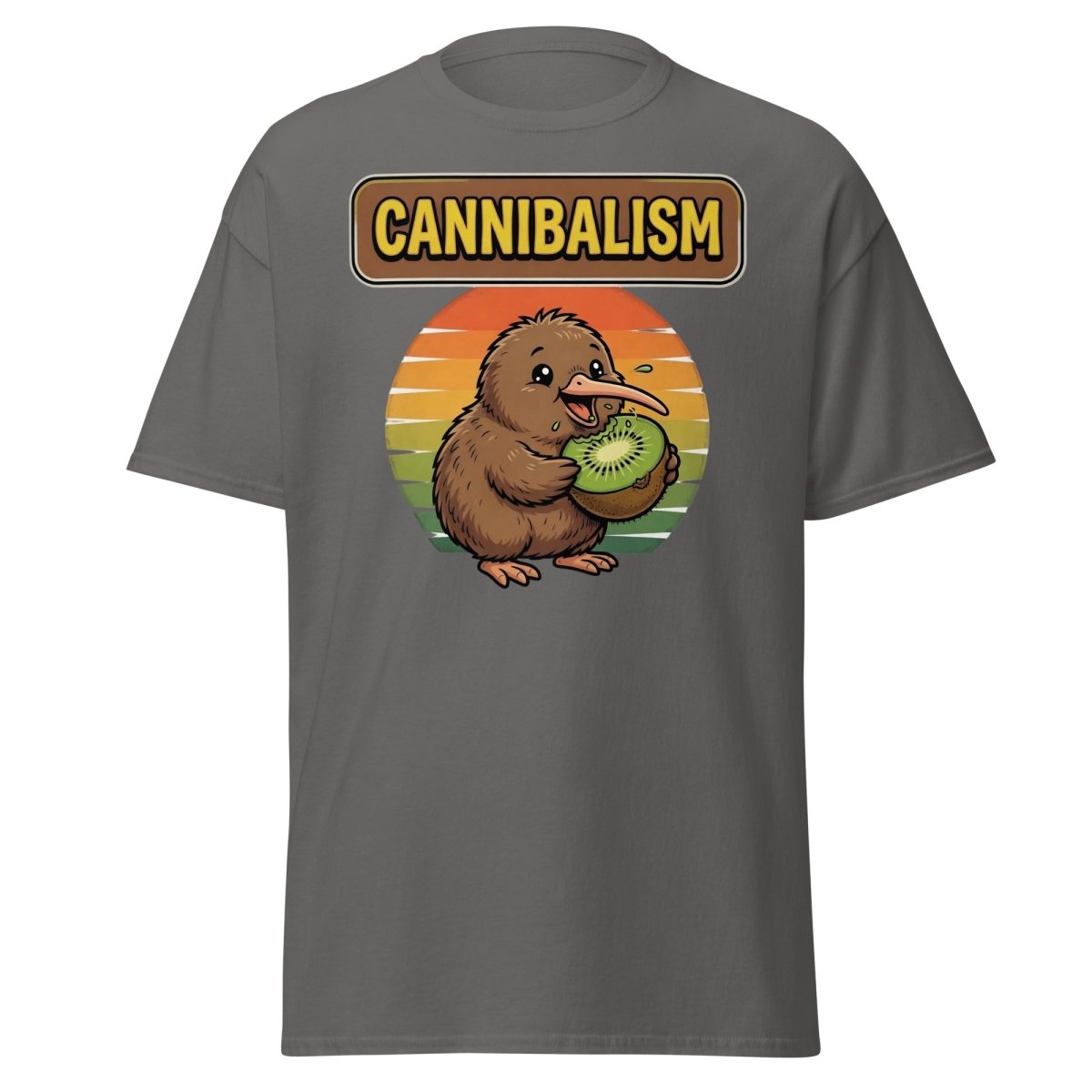 Funny Kiwi Cannibalism T-Shirt - Cartoon Bird Eating Kiwi - Charcoal - TeeRipple