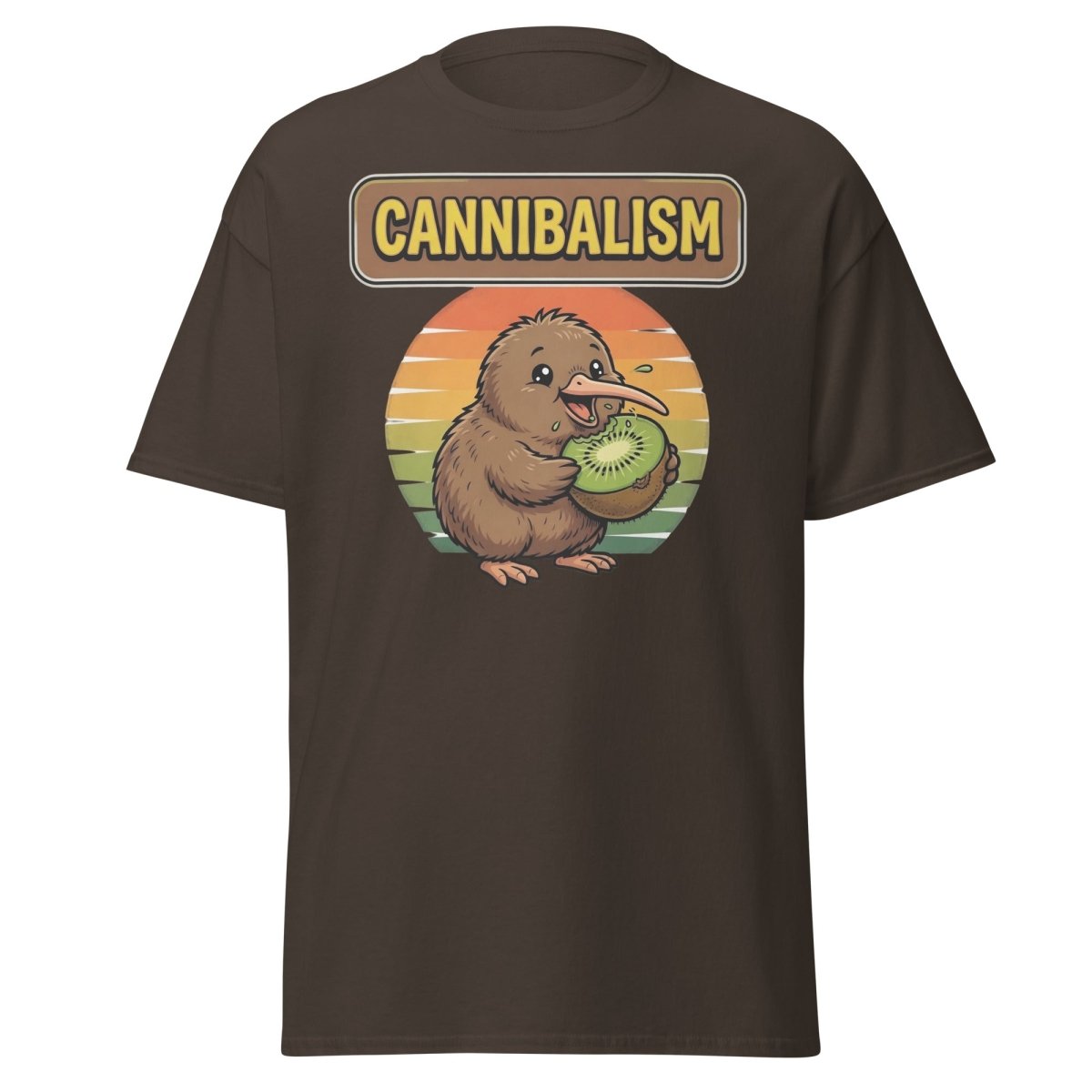 Funny Kiwi Cannibalism T-Shirt - Cartoon Bird Eating Kiwi - Dark Chocolate - TeeRipple