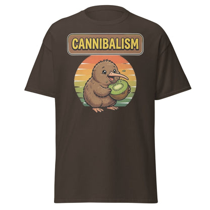 Funny Kiwi Cannibalism T-Shirt - Cartoon Bird Eating Kiwi - Dark Chocolate - TeeRipple
