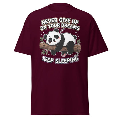 Funny Lazy Panda "Never Give Up Keep Sleeping" T-Shirt - Maroon - TeeRipple