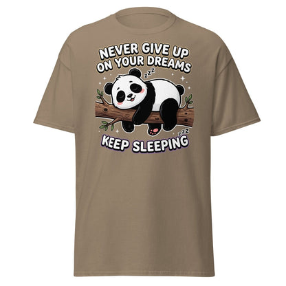 Funny Lazy Panda "Never Give Up Keep Sleeping" T-Shirt - Brown Savana - TeeRipple