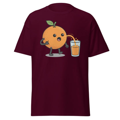 Funny Squeezing Orange Juice Cartoon T-Shirt - Maroon - TeeRipple