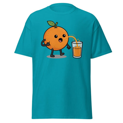 Funny Squeezing Orange Juice Cartoon T-Shirt - Tropical Blue - TeeRipple