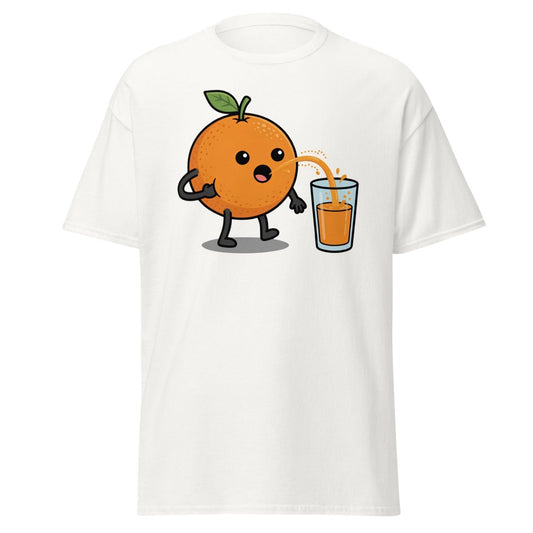 Funny Squeezing Orange Juice Cartoon T-Shirt - White - TeeRipple