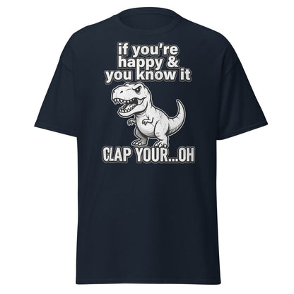 Funny T-Rex Clap Your...Oh T-Shirt – Short Arms Song Meme - Navy - TeeRipple