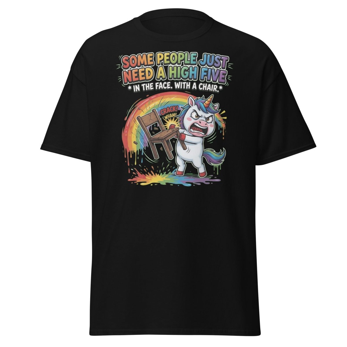 Funny Unicorn Chair Smash T-Shirt – High Five in the Face - Black - TeeRipple