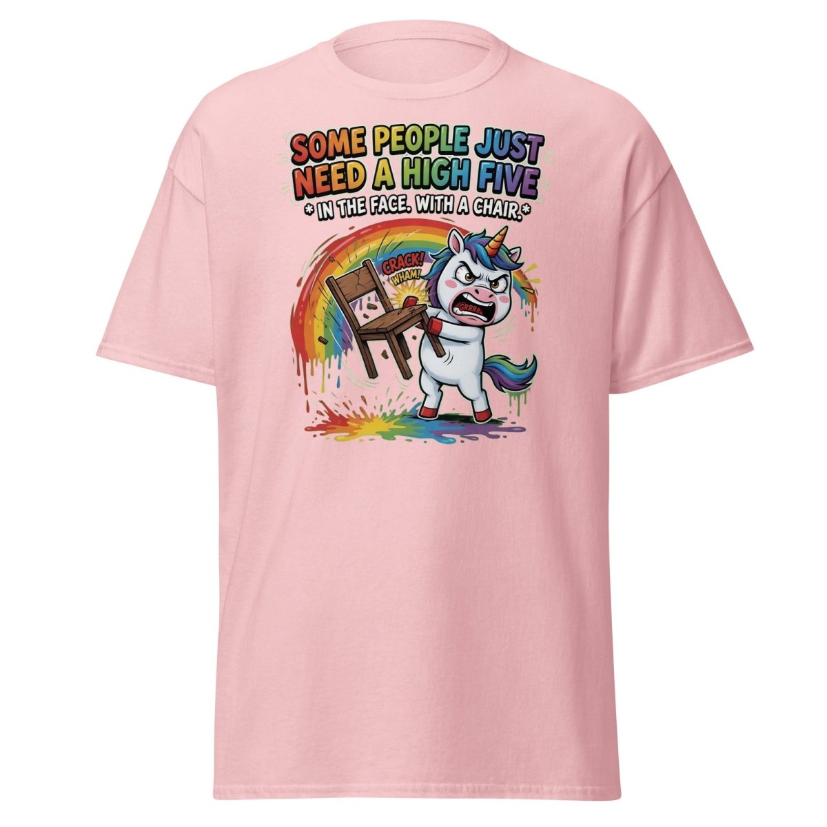 Funny Unicorn Chair Smash T-Shirt – High Five in the Face - Light Pink - TeeRipple