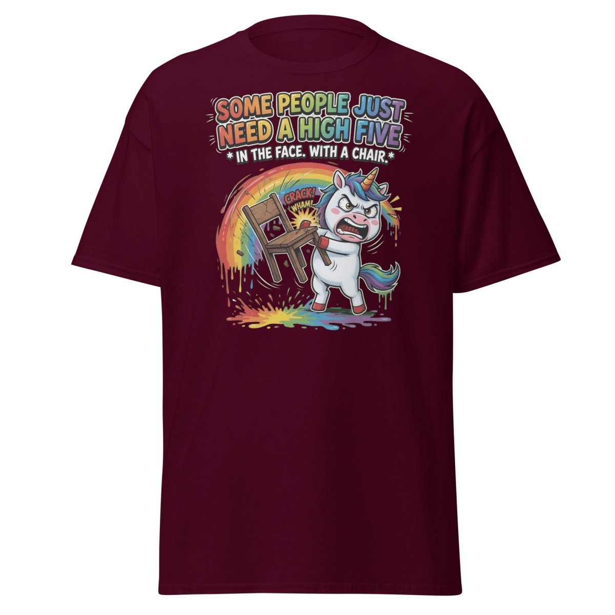 Funny Unicorn Chair Smash T-Shirt – High Five in the Face - Maroon - TeeRipple