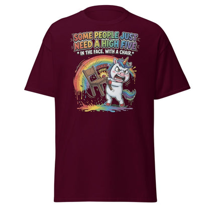 Funny Unicorn Chair Smash T-Shirt – High Five in the Face - Maroon - TeeRipple