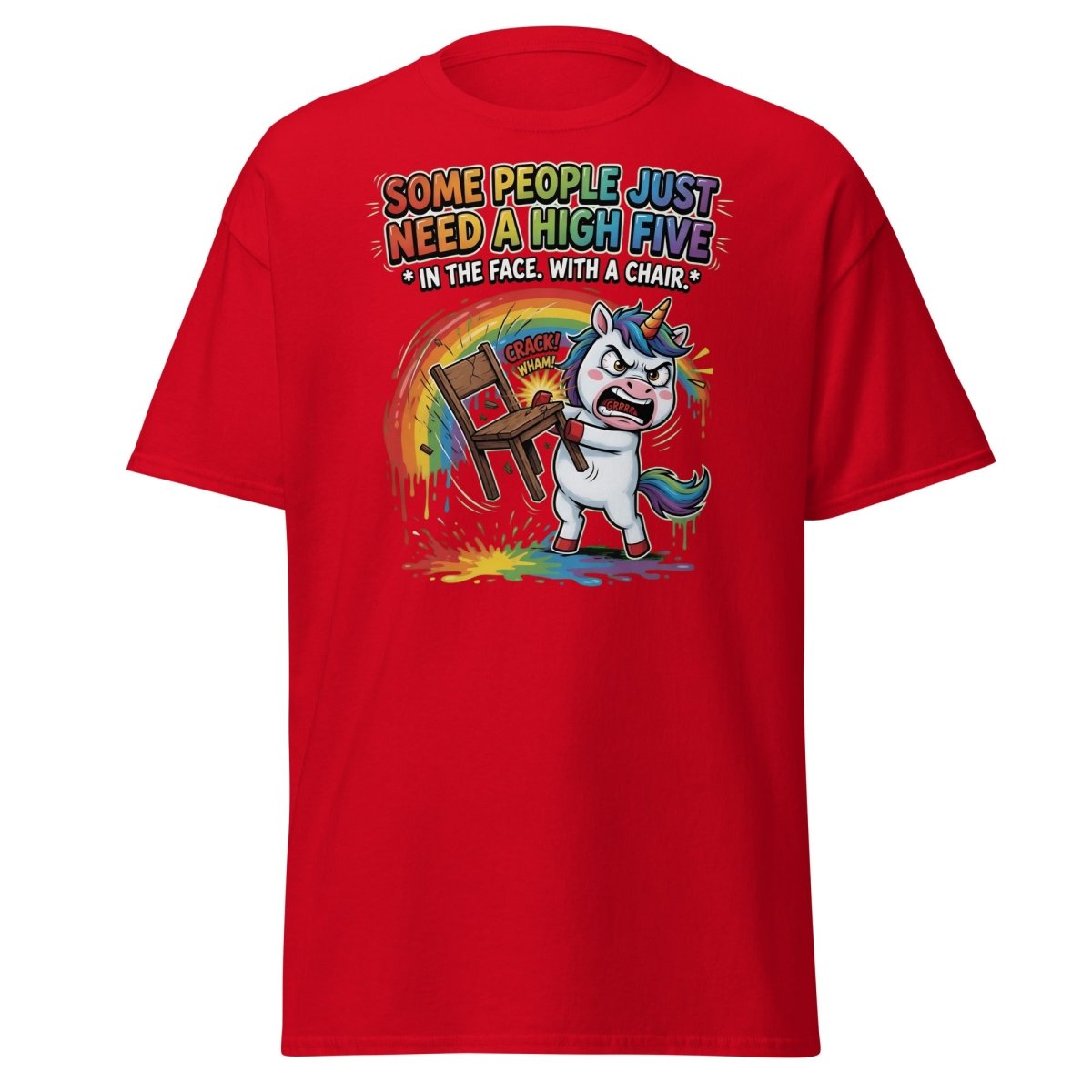 Funny Unicorn Chair Smash T-Shirt – High Five in the Face - Red - TeeRipple