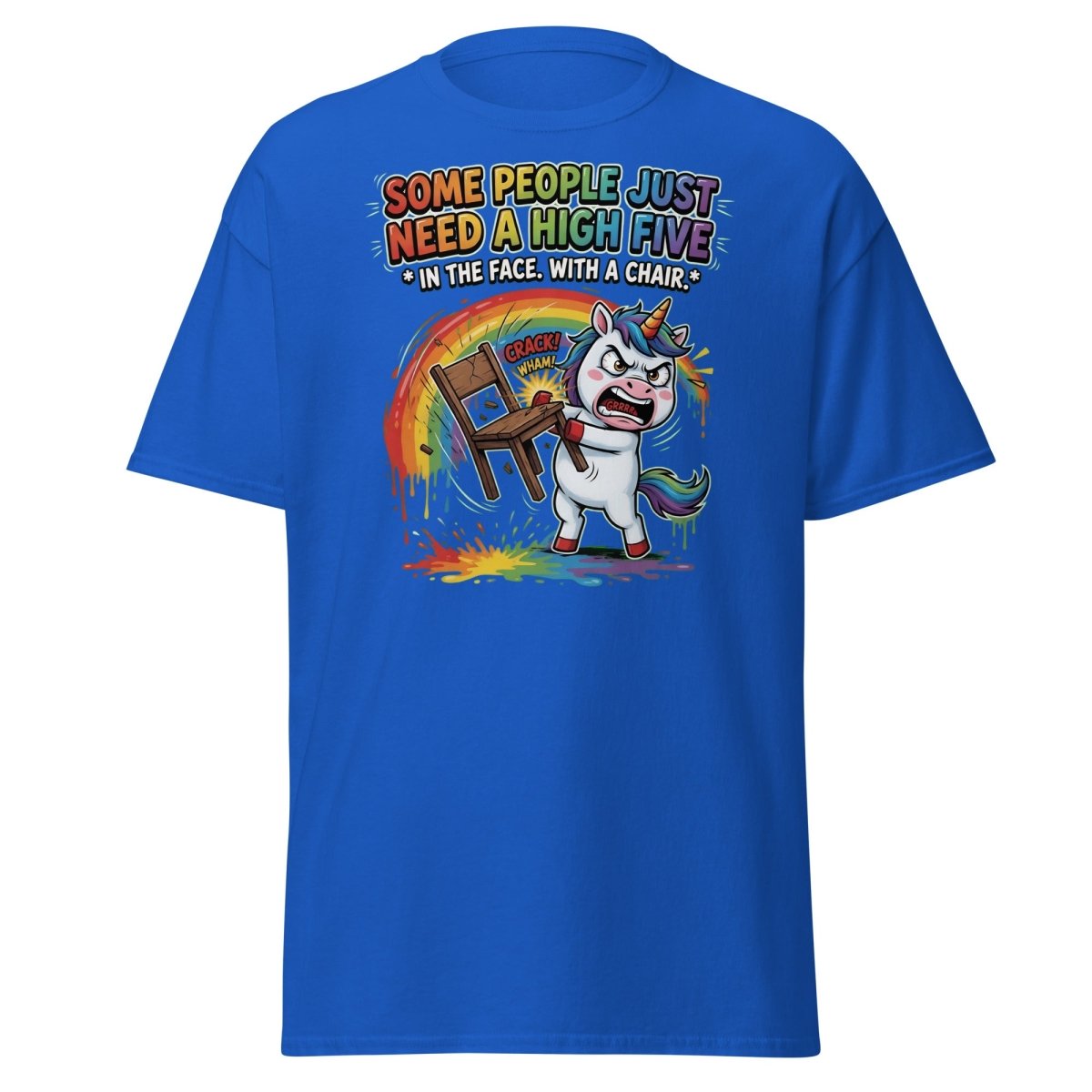 Funny Unicorn Chair Smash T-Shirt – High Five in the Face - Royal - TeeRipple