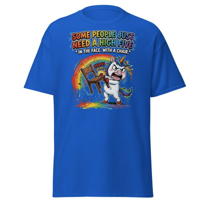 Funny Unicorn Chair Smash T-Shirt – High Five in the Face - Royal - TeeRipple