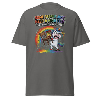 Funny Unicorn Chair Smash T-Shirt – High Five in the Face - Charcoal - TeeRipple