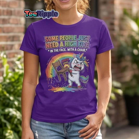 Funny Unicorn Chair Smash T-Shirt – High Five in the Face - Maroon - TeeRipple