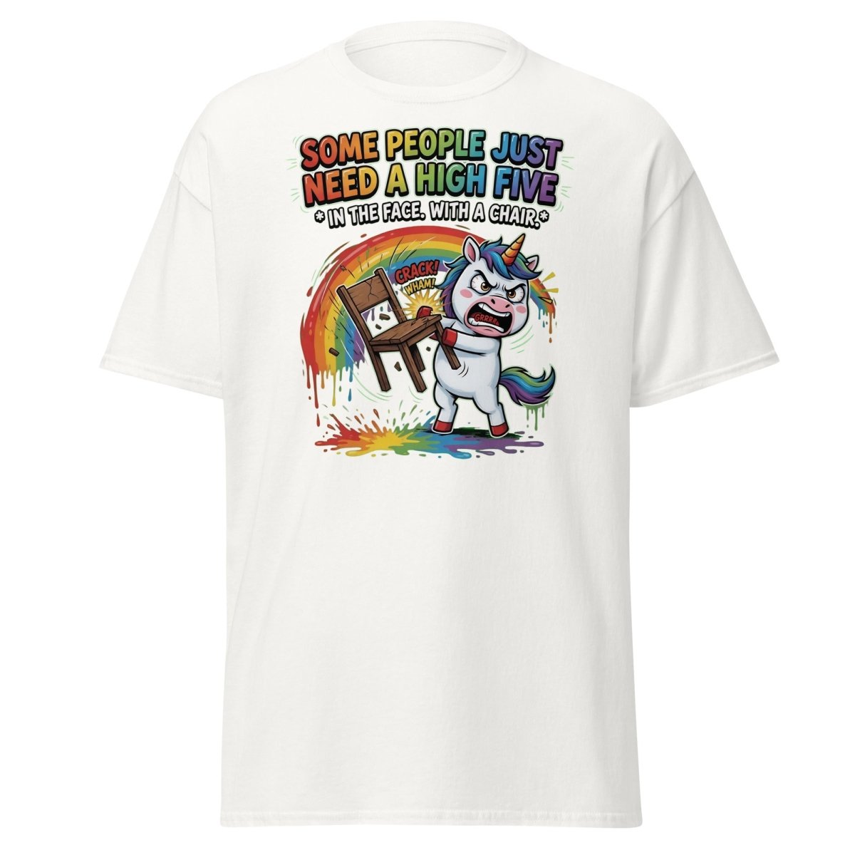 Funny Unicorn Chair Smash T-Shirt – High Five in the Face - White - TeeRipple