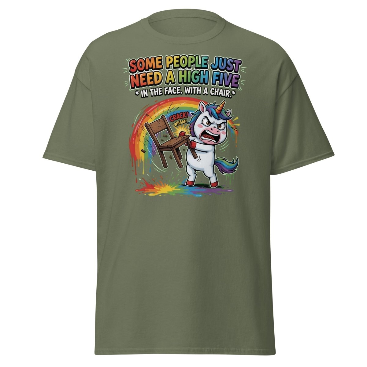 Funny Unicorn Chair Smash T-Shirt – High Five in the Face - Military Green - TeeRipple