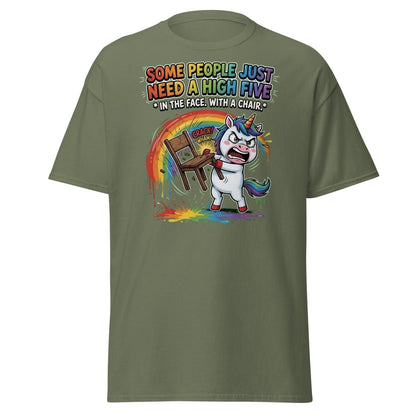 Funny Unicorn Chair Smash T-Shirt – High Five in the Face - Military Green - TeeRipple
