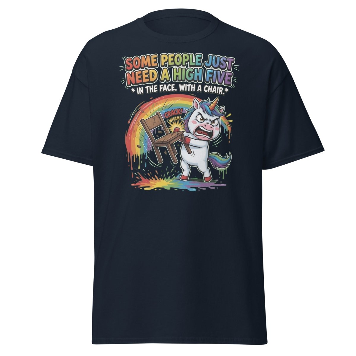 Funny Unicorn Chair Smash T-Shirt – High Five in the Face - Navy - TeeRipple