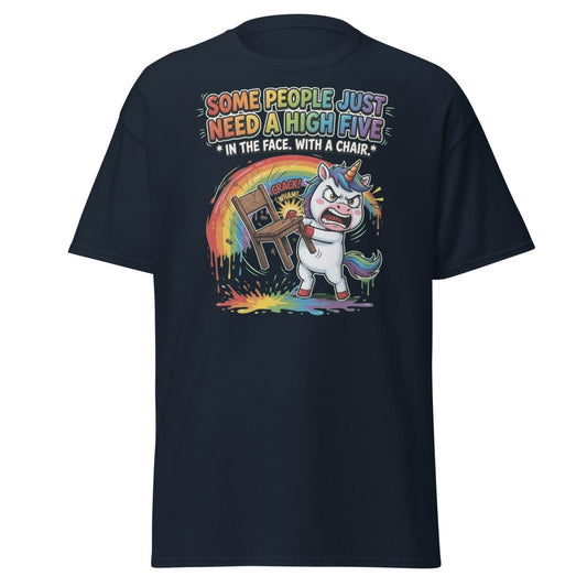 Funny Unicorn Chair Smash T-Shirt – High Five in the Face - Navy - TeeRipple
