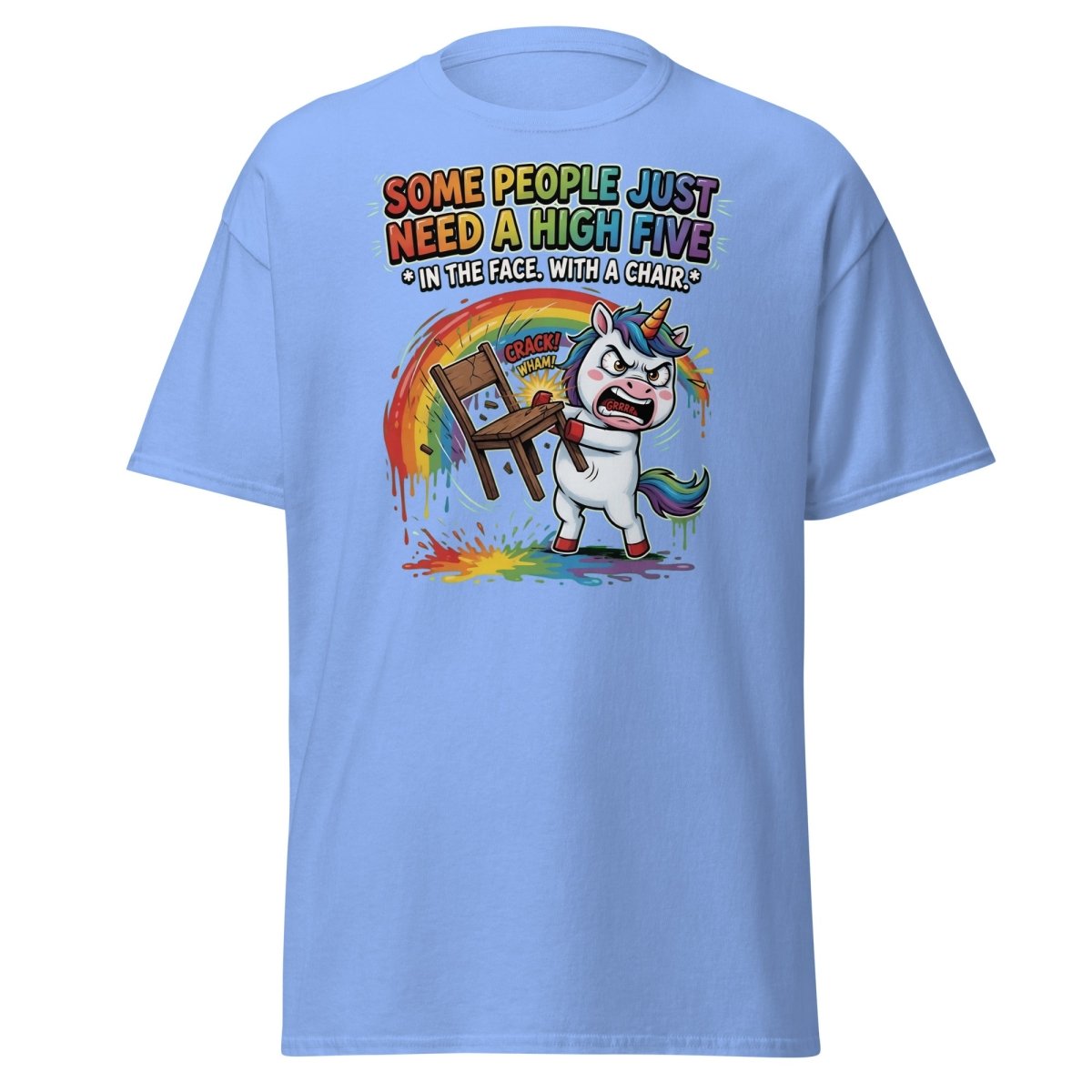 Funny Unicorn Chair Smash T-Shirt – High Five in the Face - Carolina Blue - TeeRipple