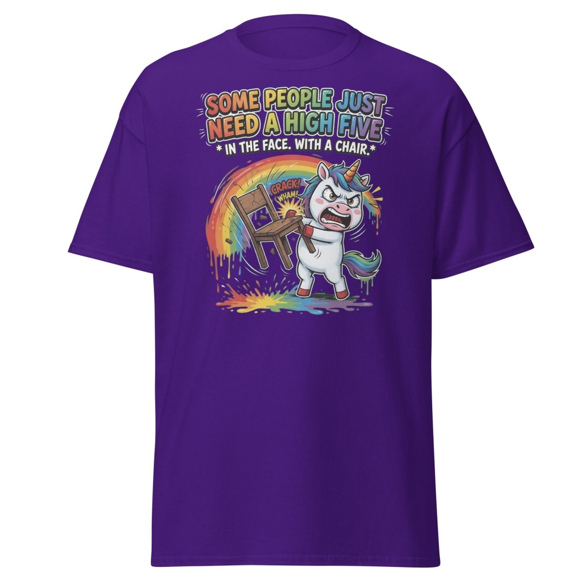 Funny Unicorn Chair Smash T-Shirt – High Five in the Face - Purple - TeeRipple