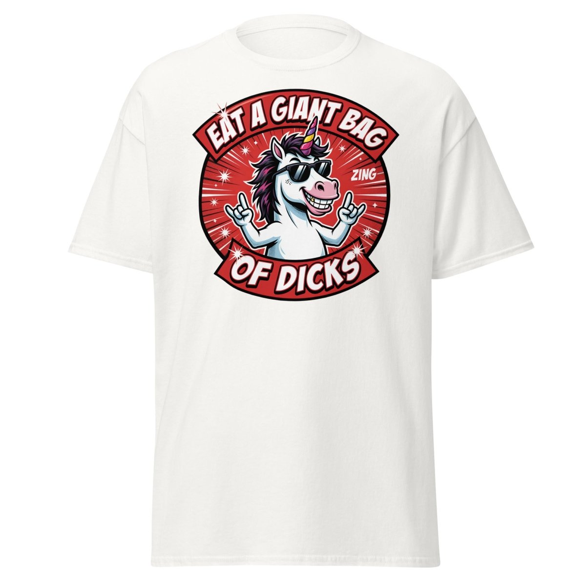 Funny Unicorn "Eat a Giant Bag of Dicks" T-Shirt - White - TeeRipple