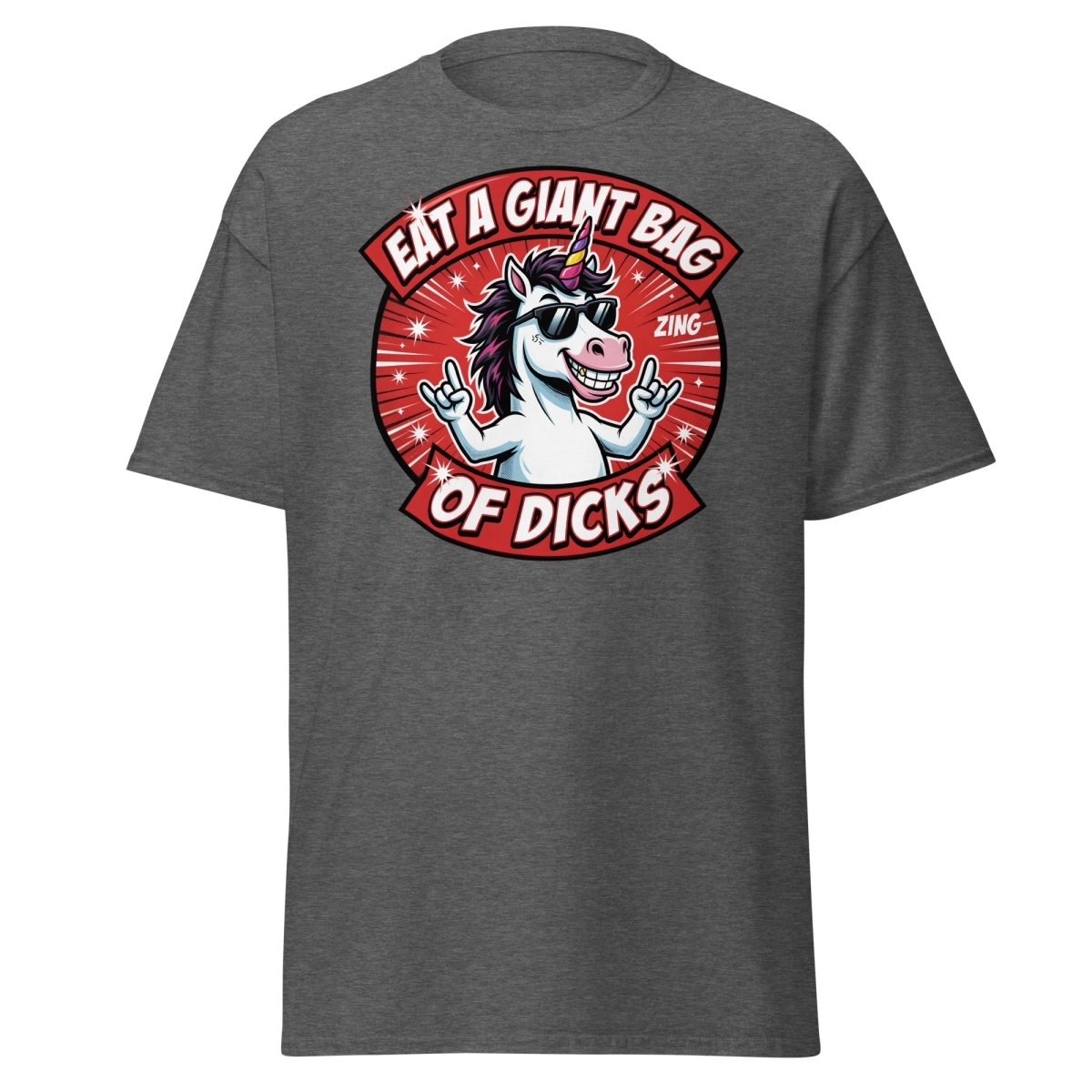 Funny Unicorn "Eat a Giant Bag of Dicks" T-Shirt - Dark Heather - TeeRipple
