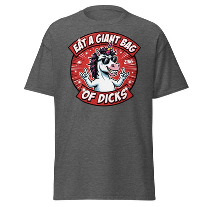 Funny Unicorn "Eat a Giant Bag of Dicks" T-Shirt - Dark Heather - TeeRipple