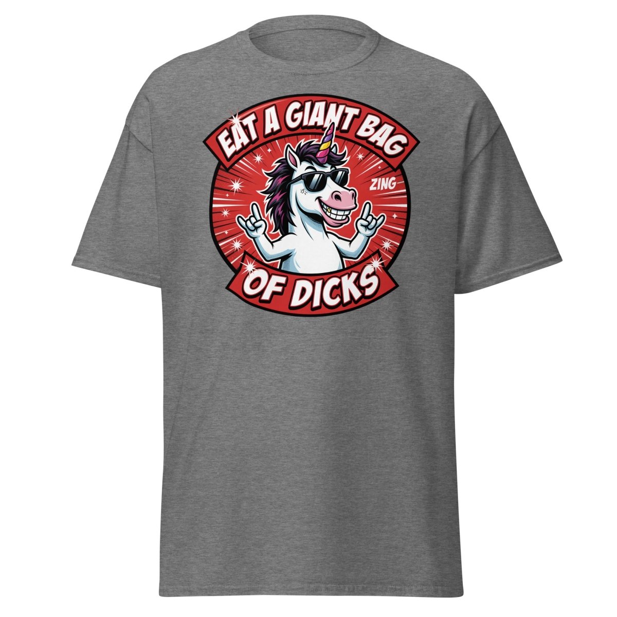 Funny Unicorn "Eat a Giant Bag of Dicks" T-Shirt - Graphite Heather - TeeRipple
