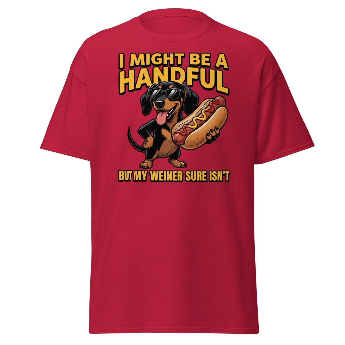 Funny Wiener Dog T-Shirt - Handful Pun Adult Tee - Cardinal - TeeRipple