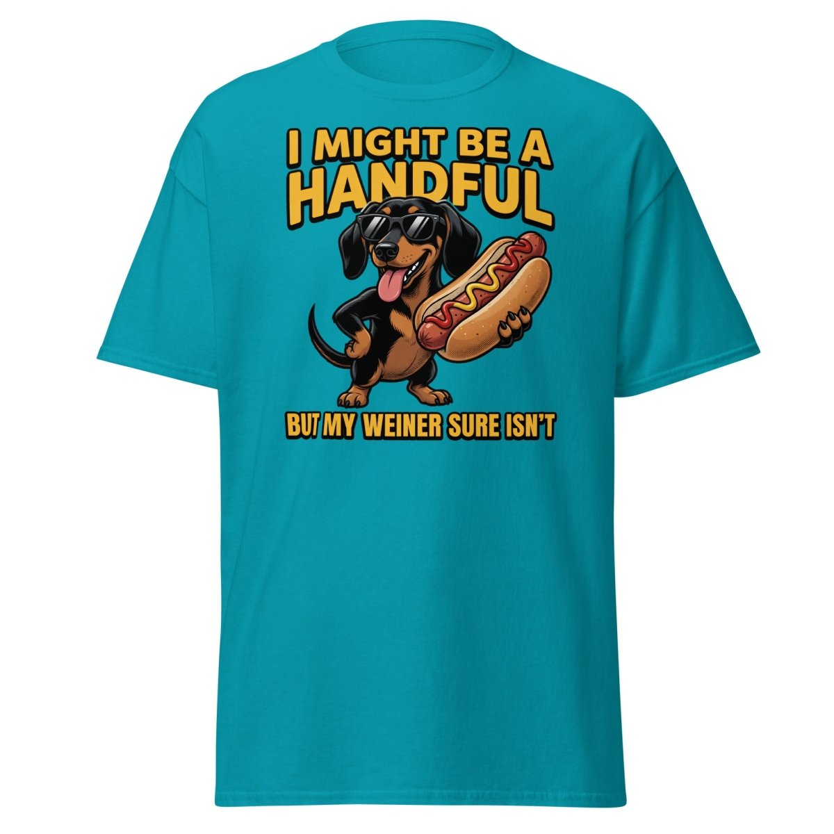 Funny Wiener Dog T-Shirt - Handful Pun Adult Tee - Tropical Blue - TeeRipple