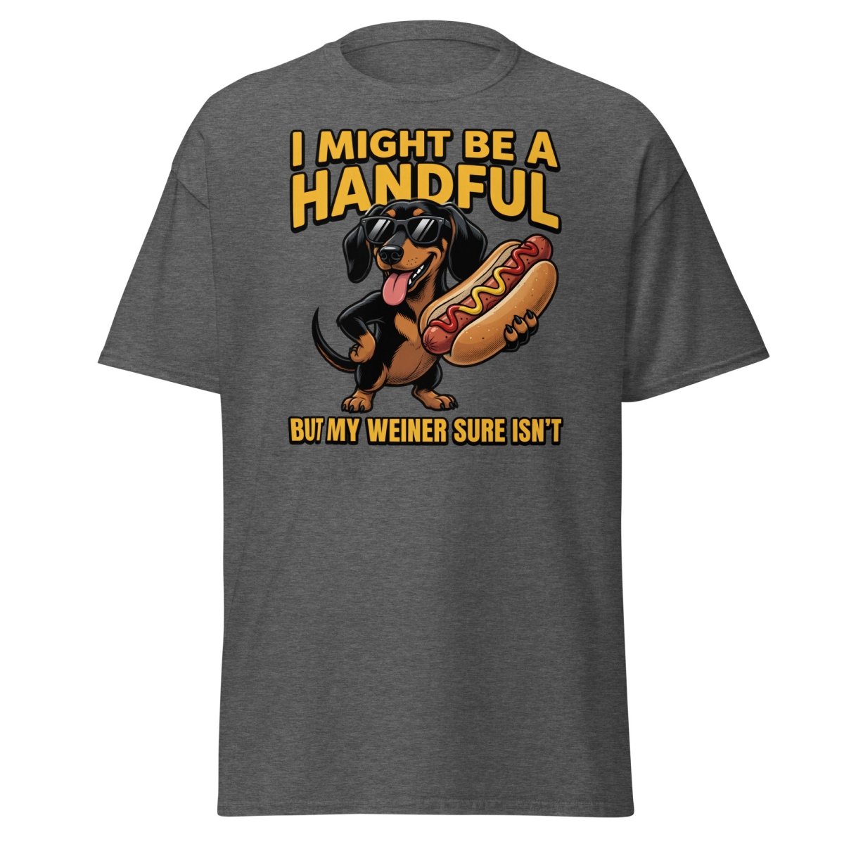 Funny Wiener Dog T-Shirt - Handful Pun Adult Tee - Dark Heather - TeeRipple
