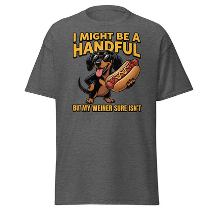 Funny Wiener Dog T-Shirt - Handful Pun Adult Tee - Dark Heather - TeeRipple