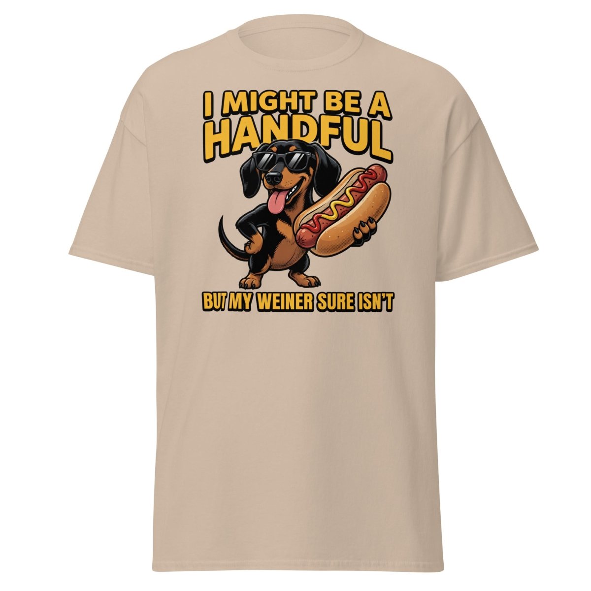 Funny Wiener Dog T-Shirt - Handful Pun Adult Tee - Sand - TeeRipple