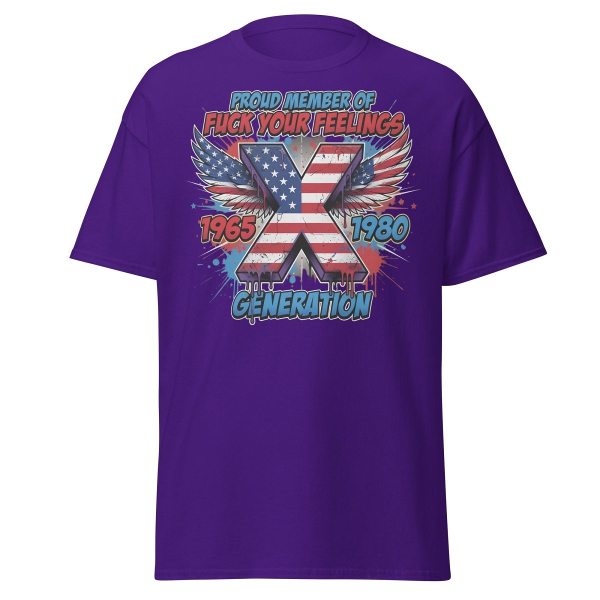Gen X Fuck Your Feelings T-Shirt - 1965 - 1980 Winged Flag Design - Purple - TeeRipple