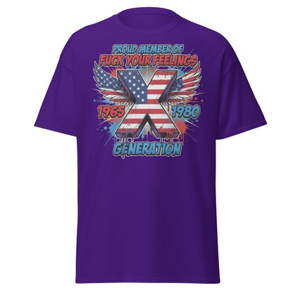 Gen X Fuck Your Feelings T-Shirt - 1965 - 1980 Winged Flag Design - Purple - TeeRipple