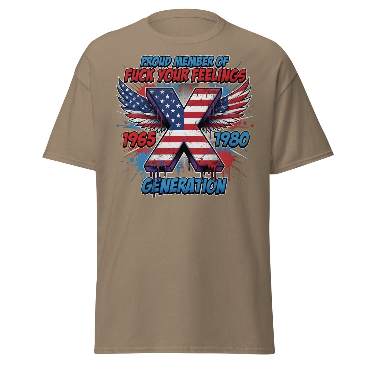 Gen X Fuck Your Feelings T-Shirt - 1965 - 1980 Winged Flag Design - Brown Savana - TeeRipple