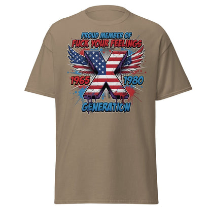 Gen X Fuck Your Feelings T-Shirt - 1965 - 1980 Winged Flag Design - Brown Savana - TeeRipple