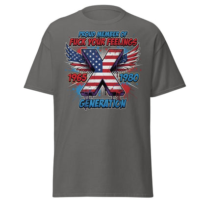 Gen X Fuck Your Feelings T-Shirt - 1965 - 1980 Winged Flag Design - Charcoal - TeeRipple