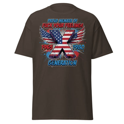 Gen X Fuck Your Feelings T-Shirt - 1965 - 1980 Winged Flag Design - Dark Chocolate - TeeRipple