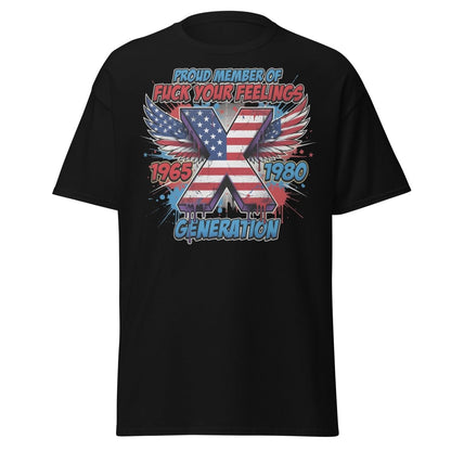 Gen X Fuck Your Feelings T-Shirt - 1965 - 1980 Winged Flag Design - Black - TeeRipple